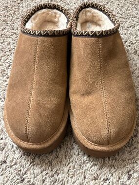 BearPaw Tan Suede Shearling-Lined Clog Mules